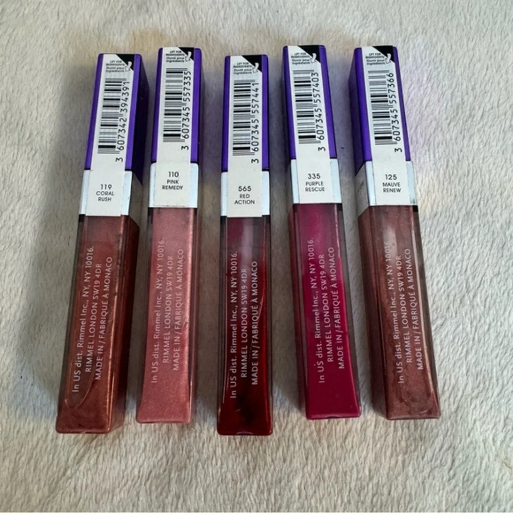 NWT RIMMEL moisture renew lip gloss set 5pc collagen coral pink red purple mauve